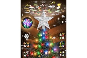 SUNVIGOR Christmas Tree Topper with 32.8FT Color Light Cord and 6 Projection Modes, Christmas Star Tree Topper Built-in LED Rotating Projector Lights, 3D Glitter Christmas Tree Decorations (Silver)