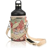 Made Easy Kit Neoprene Water Bottle Carrier Holder with Adjustable Shoulder Strap for Insulating & Carrying Water Container Canteen Flask Available in 5 Sizes (Desert Khaki Cactus, XL (64oz))