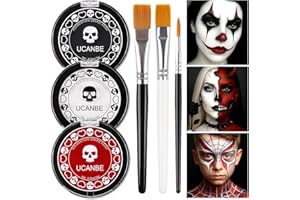 UCANBE Goth White Foundation + Black Red Face Body Paint for Halloween Makeup, Face Painting Kit with Brushes Facepaint Set for Kids Adults Clown Vampire Skull SFX Make Up Costume Cosplay Party Theater Stage