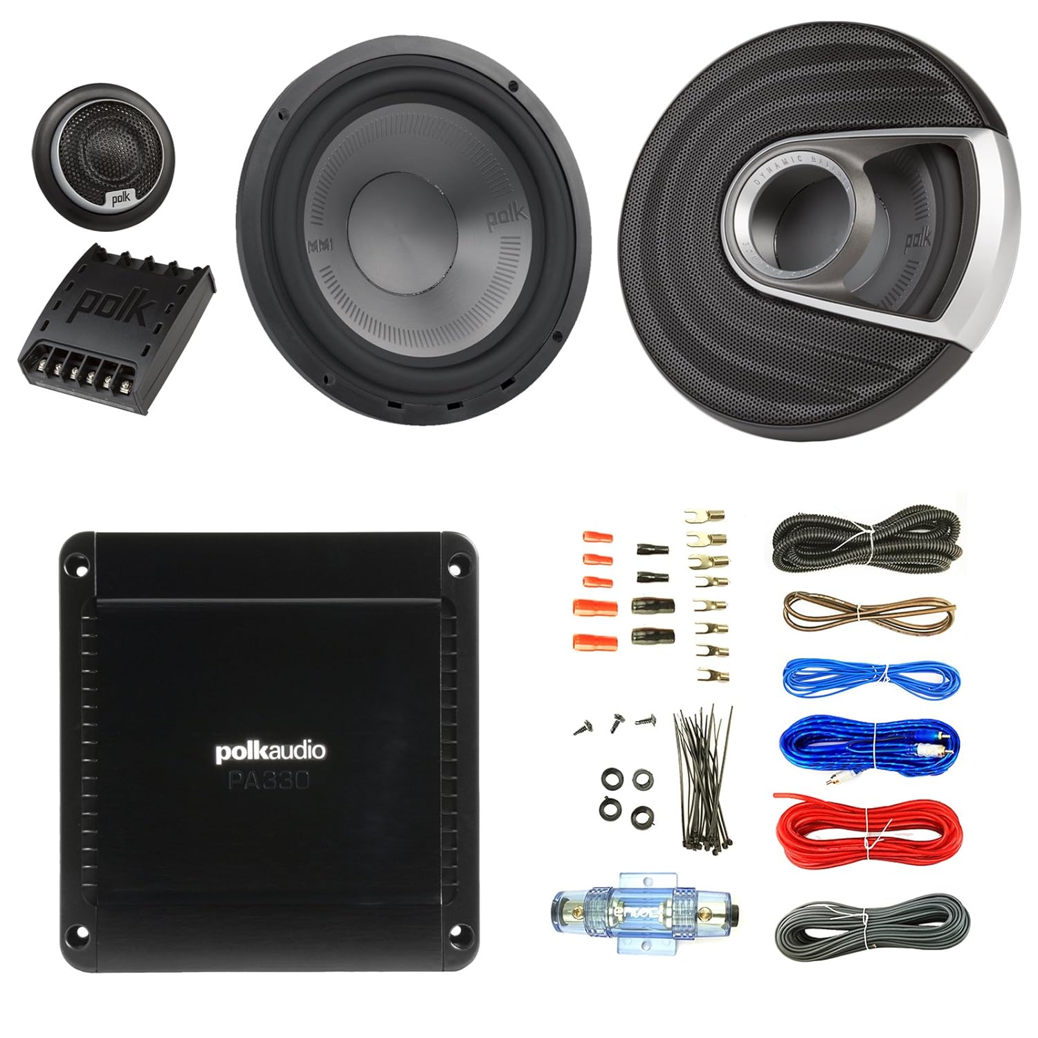 Amazon.com: 2x Polk Audio MM1 MM6502 Series 375W Ultra-Marine Certified  6.5" Component Speaker System, PA330 330W 2 Channel Car Amplifier, Enrock  Audio ...