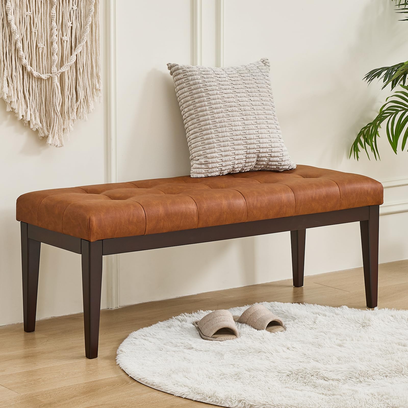 Photo 1 of 47.2" Button-Tufted Entryway Bench, Upholstered Faux Leather Ottoman Bedroom Bench, Rubberwood End of Bed Footrest Stool, Bench for Entryway Dining Room Living Room Bedroom, 300 LB, Brown