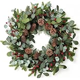 WSTPUPU Christmas Wreath 24 Inch Christmas Wreaths for Front Door Artificial Xmas Wreath with Green pine needle Eucalyptus Leaves Pine Cones Red Berries for Wall Window Xmas Holiday Winter Decorations