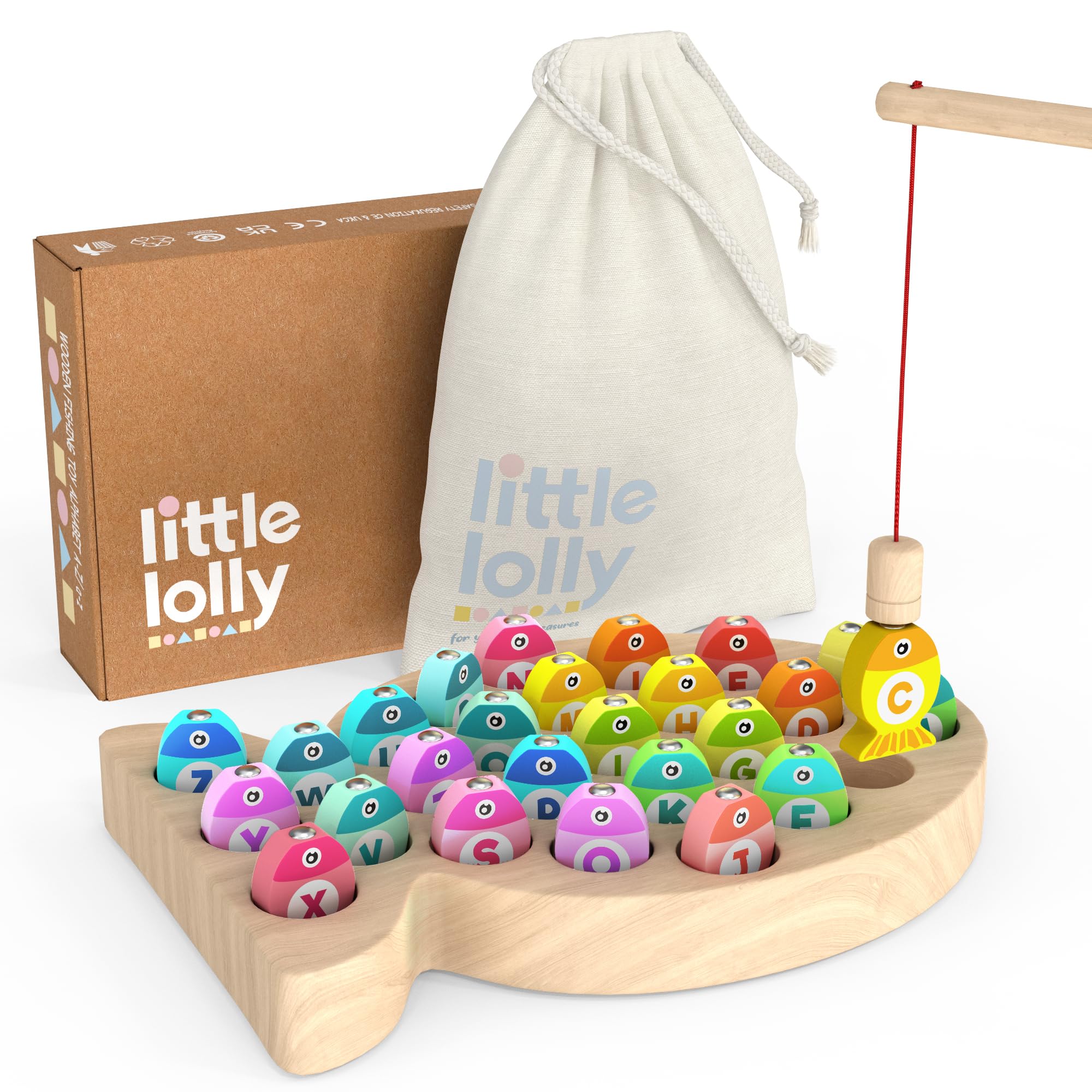 Little Lolly Wooden Magnetic Fishing Game | A-Z Alphabet Game | Award-Winning Montessori Toys for Toddlers | Fine Motor Skills Development | Ages 3+ | 26 Letter Fish, 2 Rods & Cotton Storage Bag