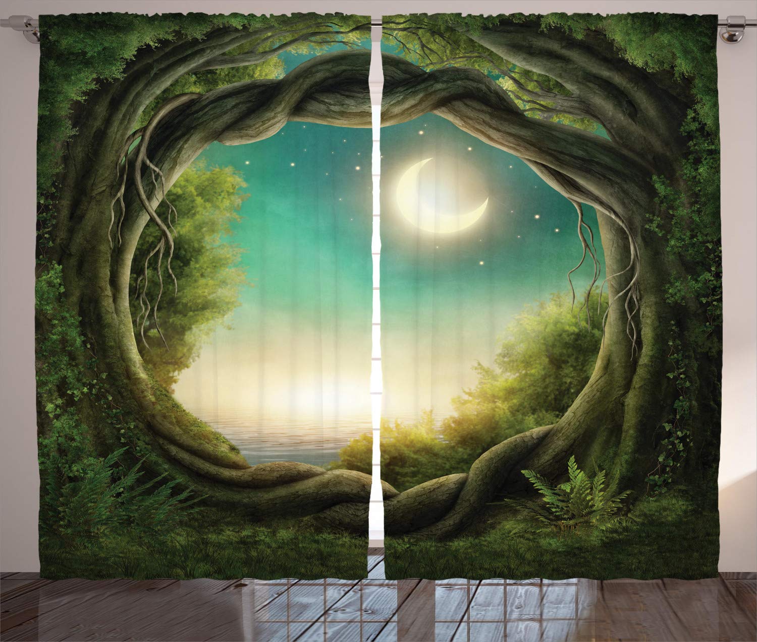 ABAKUHAUS Forest Curtains, Trees in Enchanted Forest Full Moon Artwork Girls Boys and Family, Living Room Bedroom Window Drapes 2 Panel Set, 280 x 225 cm, Green Cream — image 1