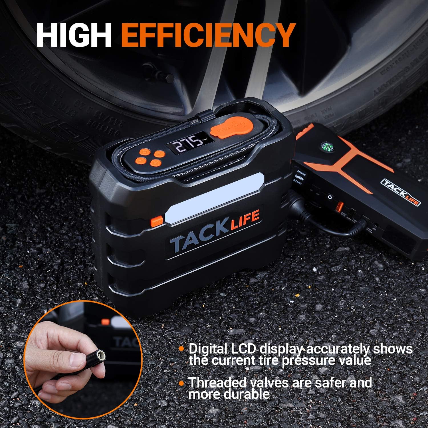 TACKLIFE Portable Tire Inflator Air Compressor, 12V Mini Electric Pump with Overheating Protection, LCD Display, LED Light, 3 Nozzles and Spare Fuse: Automotive