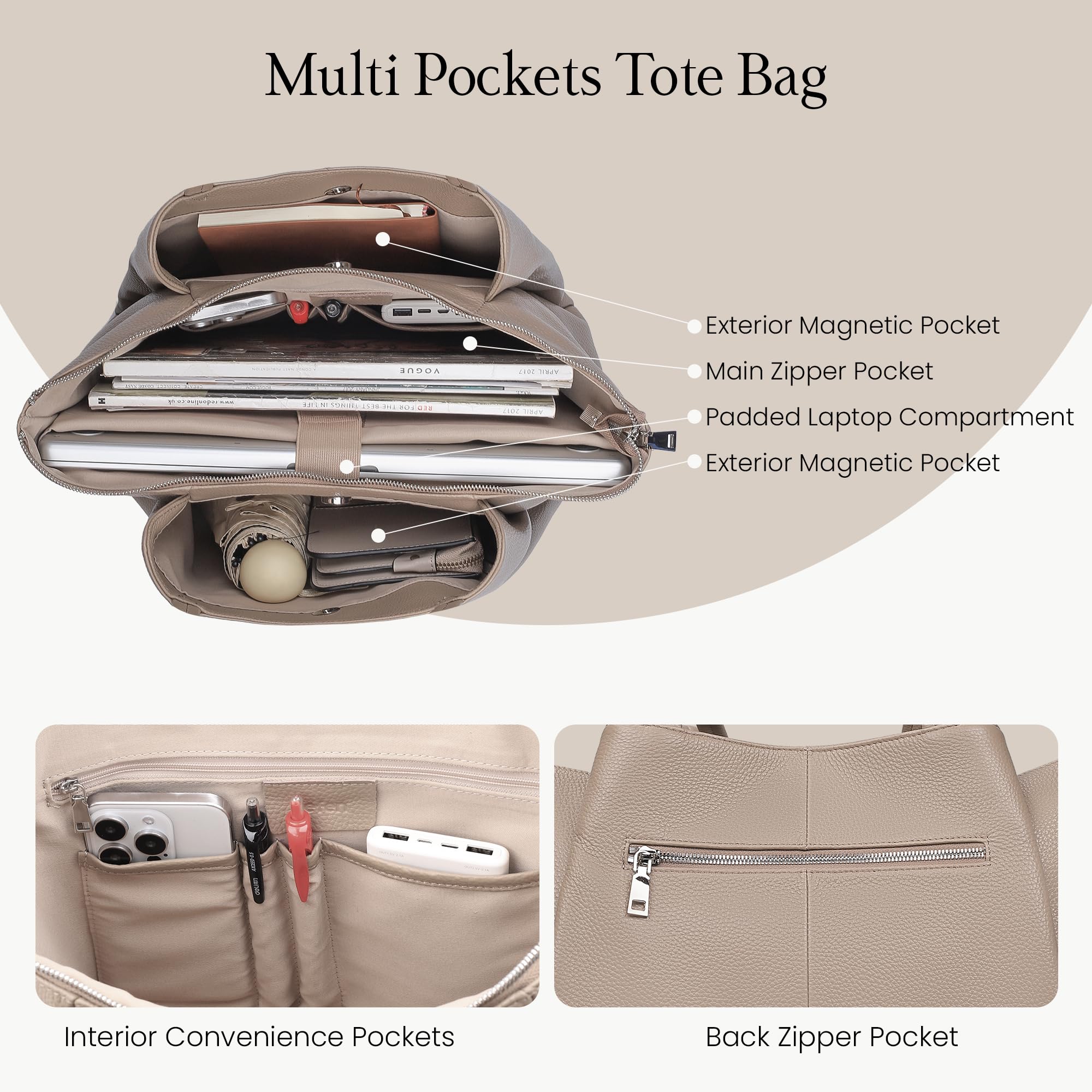 befen Tragetasche aus echtem Leder für Damen, Arbeit, Laptop-Tragetasche, Schultertasche, Tragetaschen mit Fächern, Handtaschen, Taupe, Medium