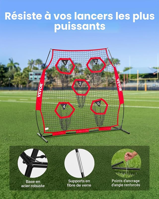 Filet d'entraînement pour football 208 x 189 cm, filet de lancer de rugby avec 5 poches pour cibles, sans nœuds, sangles et étui de transport inclus, pour améliorer la précision de lancer, rouge