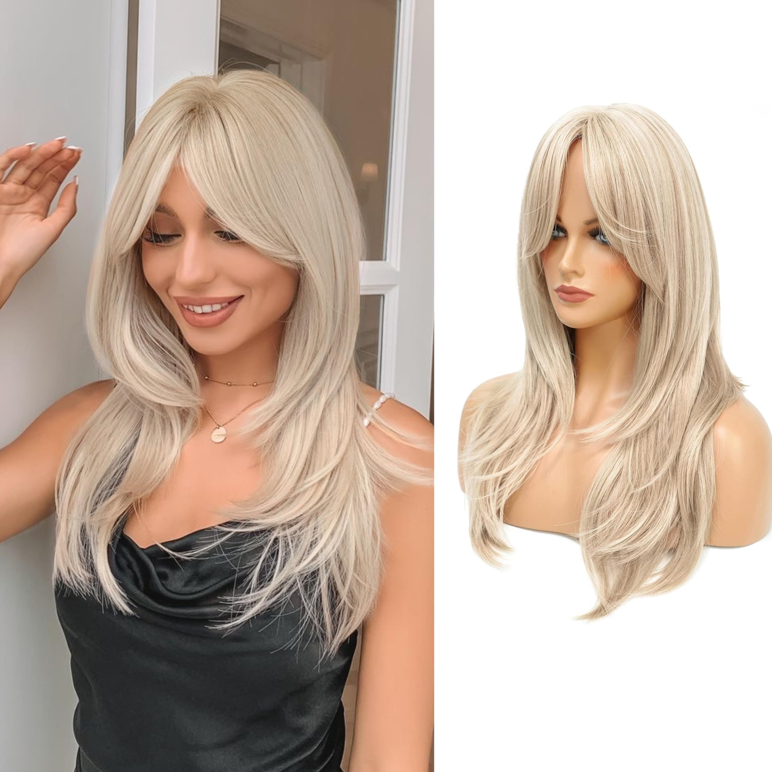 Blonde Wig with Bangs Honey Blonde Wigs for Women Long Slight Curly Layered Synthetic Wig for Daily and Party Wear โ image 1