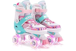 HYKID 4 Size Adjustable Roller Skates with Luminous Light Up Wheels,Safe for Girls Boys Kids Toddler, Trimmable Insole Included
