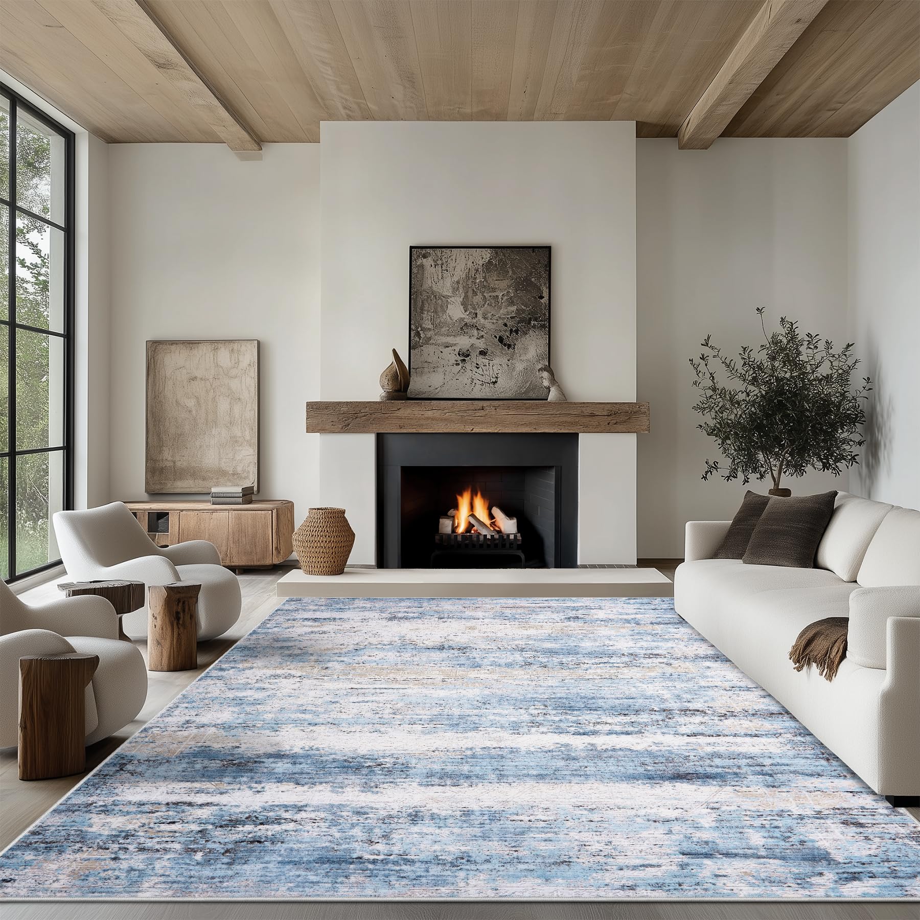 Photo 1 of 6x9 Area Rug Living Room Rugs - Washable Rug Large Modern Abstract Soft Thin Carpets Indoor Floor No Slip Vintage Carpet for Bedroom Under Dining Table Nursery Home Office Decor Blue