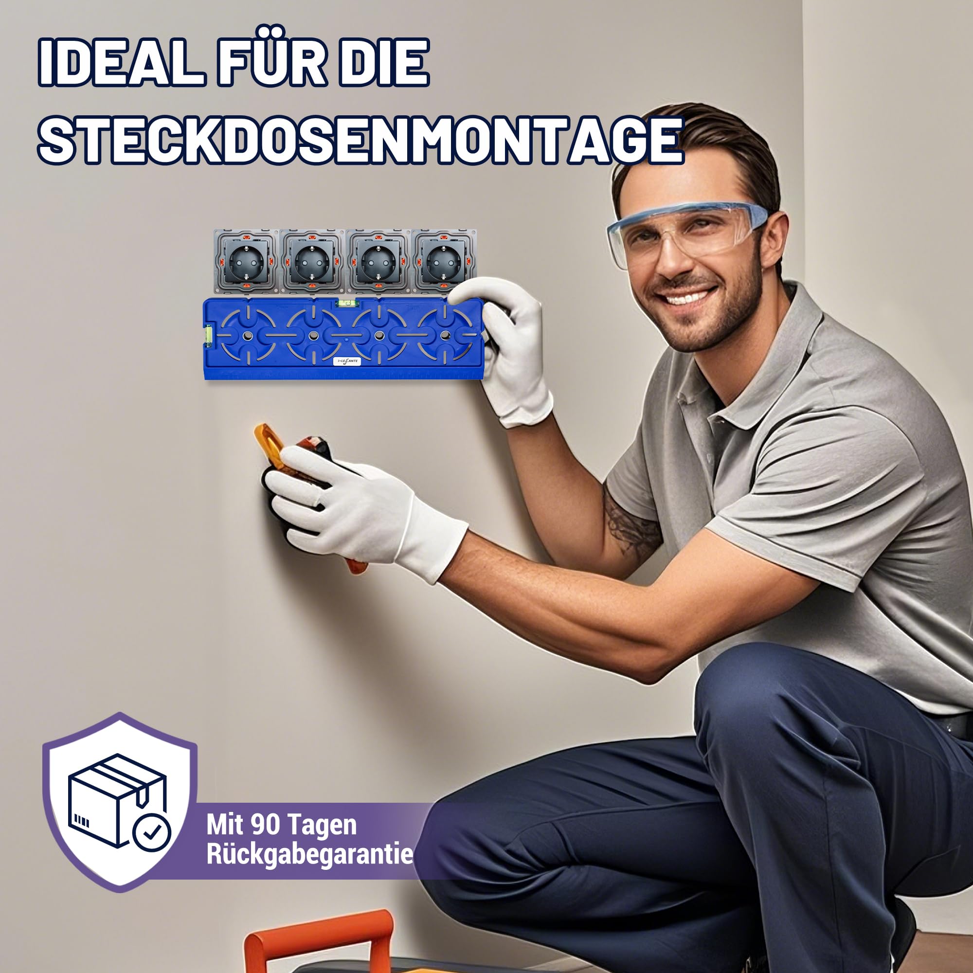 Bohrschablone für Steckdose Schalterdose Unterputzdose Hohlwanddose 71mm Abstand All in One mit Wasserwaage 30cm Lineal Für Elektroinstallation Rohbau Trockenbau Elektriker Heimwerker (Blau) 7