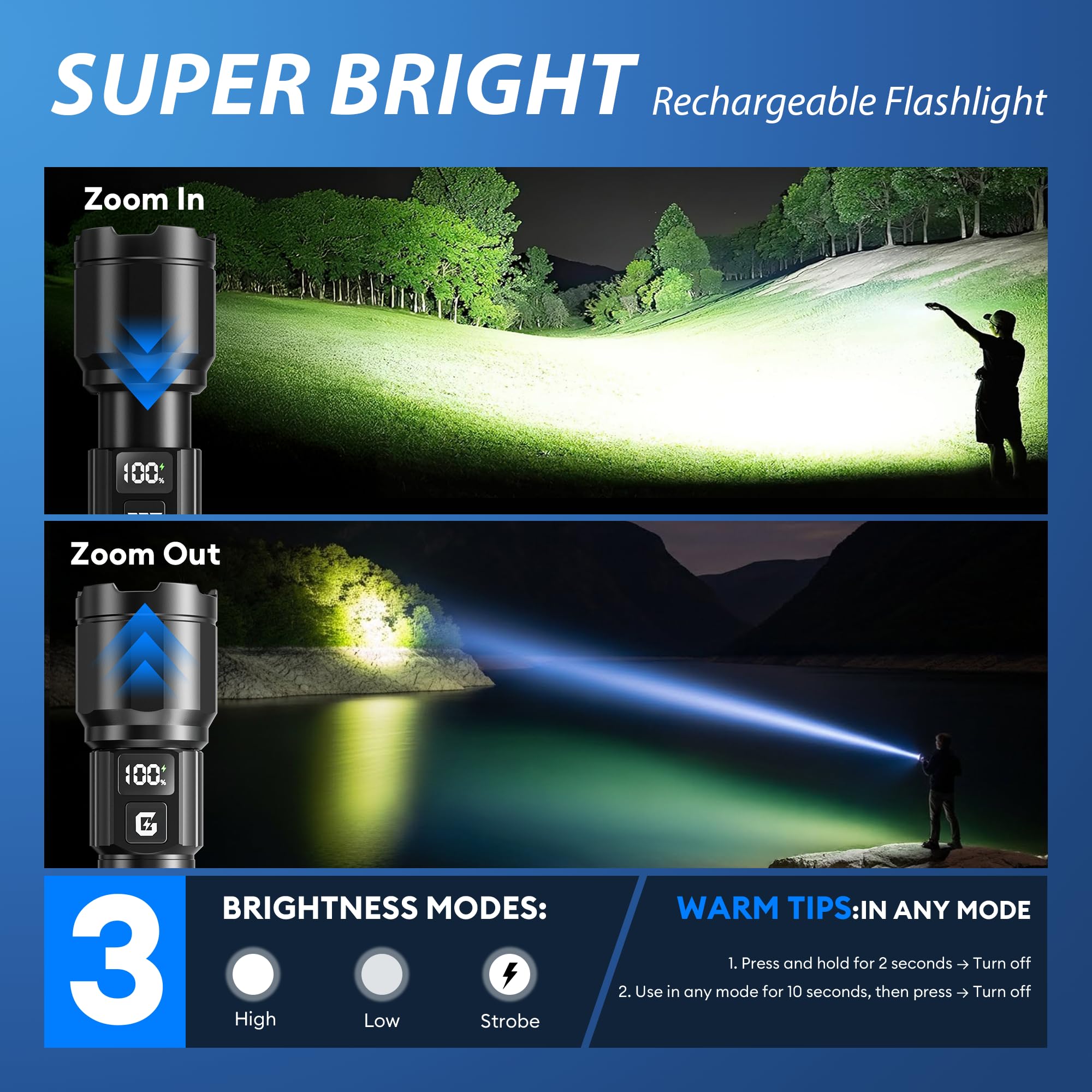 GEARLITE Taschenlampen LED Aufladbar, 6000LM LED Taschenlampe Extrem Hell mit 3 Modi, IP65 Wasserdichte Handlampe Zoomable für Camping, Wandern, Outdoor 2 Stücke 4
