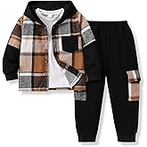 Voxikodex Size 4-11 Years Boys Clothes Flannel Plaid Shirt Hooded Sweatshirt & Pants 3PCS Kids Boys Fall Winter Outfits Sets