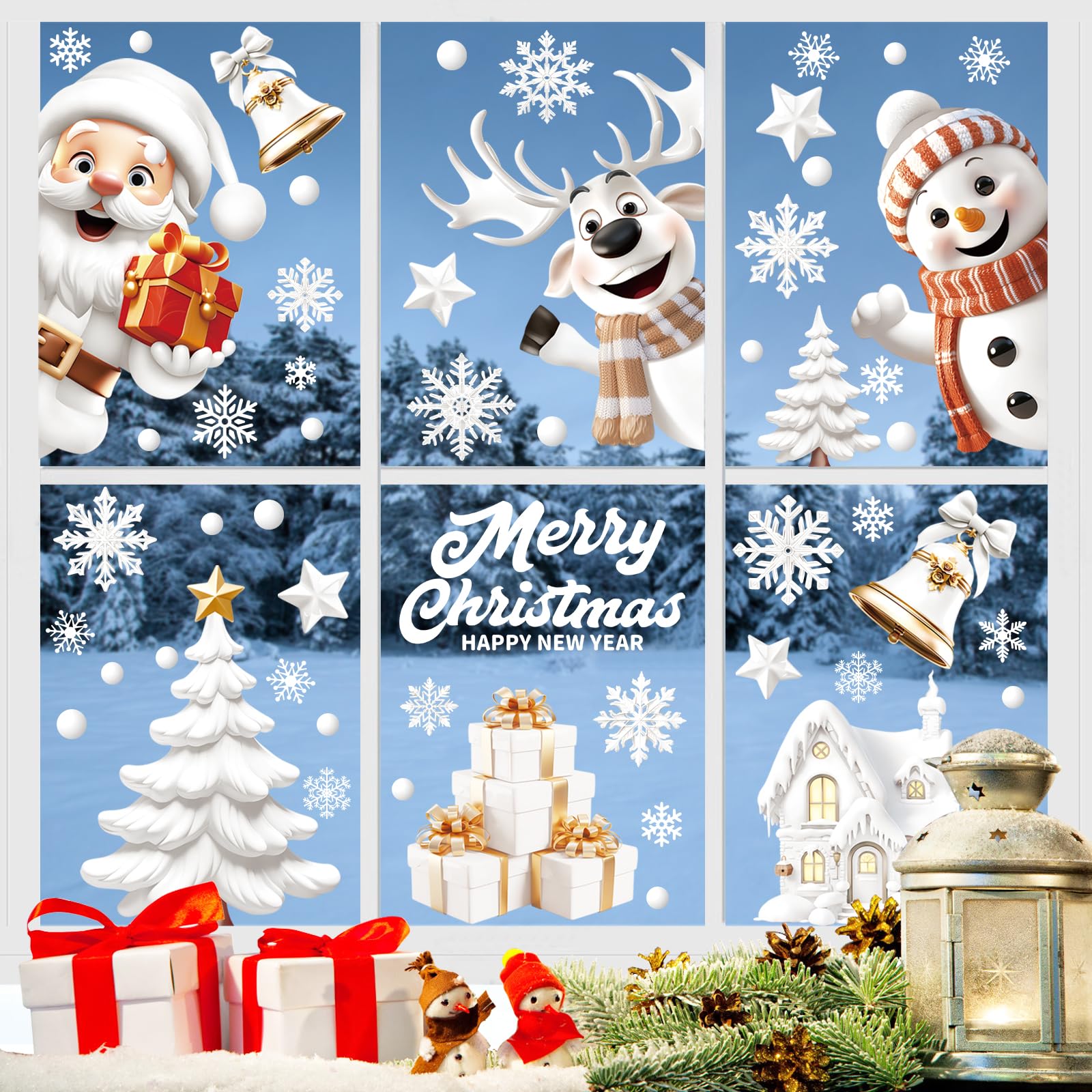Christmas Window Stickers, BeiHeng 9 Sheets 146PCS Large Double Sides Christmas Window Clings White 3D Window Decals for Glass Windows Christmas Party Decorations