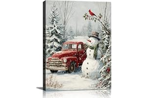 ABCCUSTOMIZE Christmas Snowman & Red Truck Canvas Wall Art - Rustic Winter Scene Framed Picture for Modern Farmhouse Home, Festive Christmas Wall Decor, Perfect Christmas Gifts & Holiday Decorations