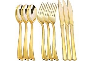 Kochorie 300 Pieces Gold Plastic Silverware Heavy Duty Plastic Cutlery Set Heavyweight Flatware Includes Spoons Forks Knifes for Birthday Party Prom Night Wedding Dinner