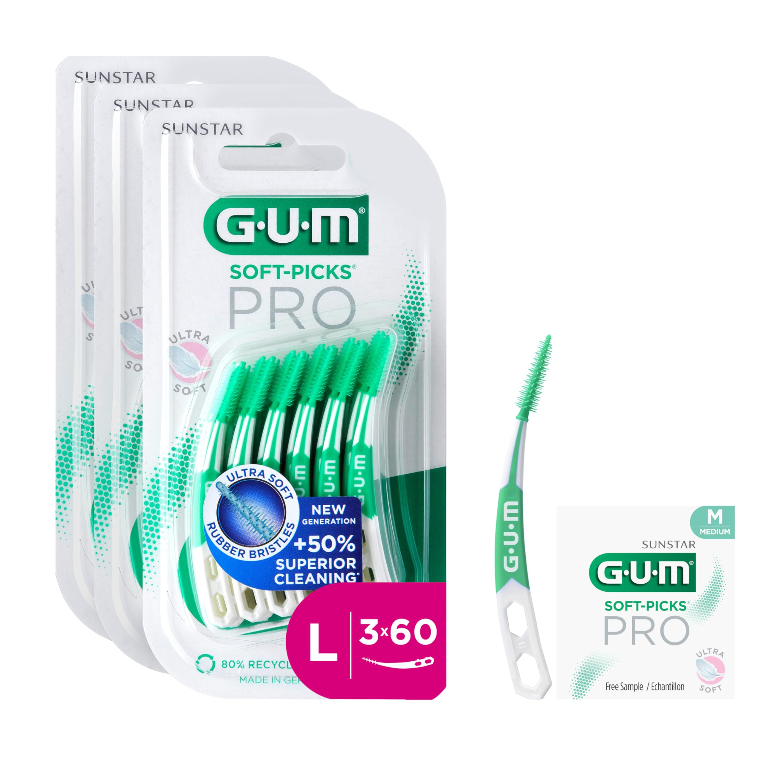 GUM Soft-Picks PRO interdental Cleaners | Curved Shape for Easy Access to Hard-to-Reach Areas | Gentle Action for Sensitive Gums | [L - 3x60] (+1 Bonus Sample)