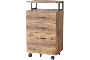 FEZIBO File Storage Rolling Cabinet with Lock for Home Office, 3-Drawer, A4/Letter/Legal Size, Printer Stand, Wooden, Rustic Brown