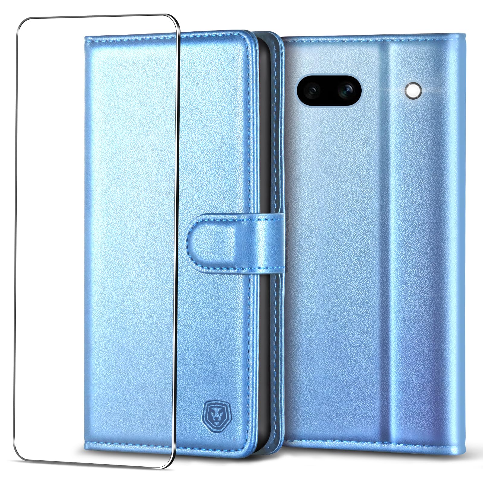 Kuafcase for Google Pixel 7a Case with 1 Screen Protector, 4 Card Slots Magnetic Closure Kickstand Shockproof Phone Case for Google Pixel 7a - Sky Blue — image 1