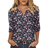 KISSMODA 3/4 Length Sleeve Shirts for Women Floral Business Shirts Tops Blouses Tops Loose Fit T-Shirts