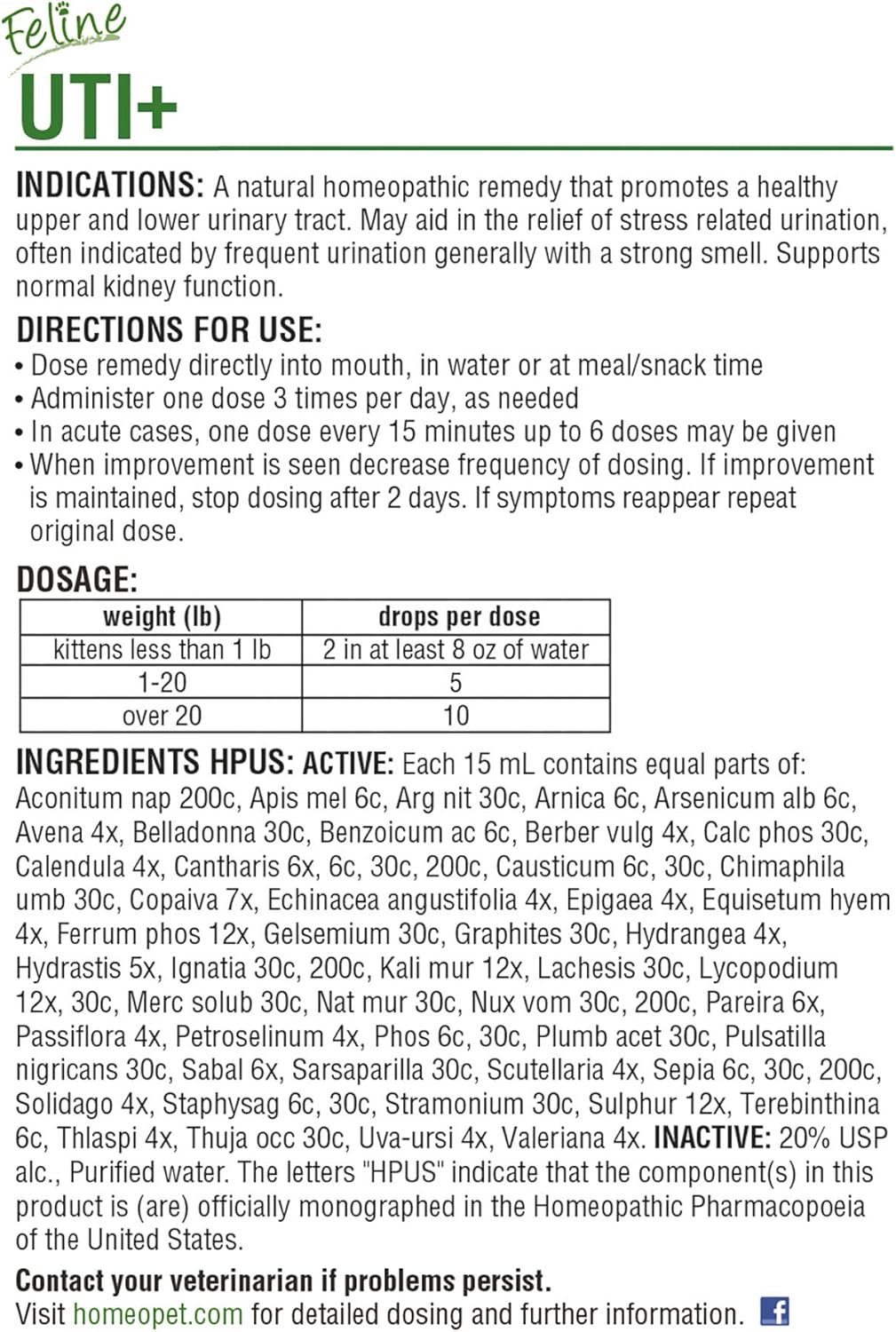 HomeoPet UTI Plus Urinary Tract Infection for Cats, 15ml : Pet Health Care Supplies : Pet Supplies