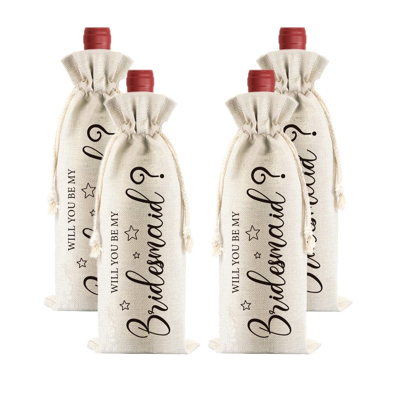 PLIGREAT 4 Pcs Cotton Linen Wine Bags, Reusable Wine Bags with Drawstrings, Wine Bottle Bags Bulk for Wedding Party Bridal Shower Gift Bag Bachelorette Party Favors, Will You Be My Bridesmaid Wine Bag