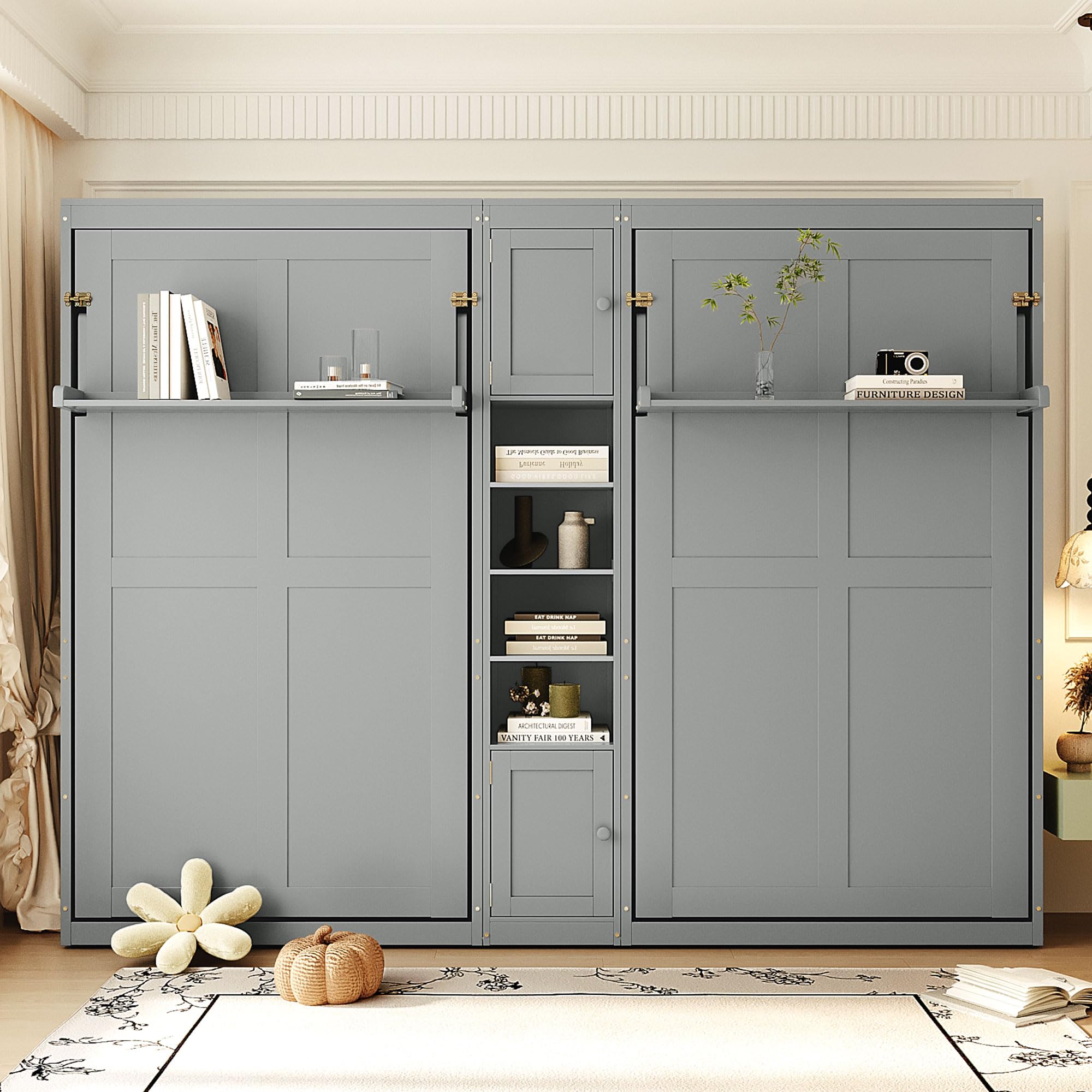 Photo 1 of ***PARTIAL SET - PRICE ADJUSTED, ONLY 1 BOX OUT OF 5***
2-in-1 Design Dual Murphy Bed Twin Size with Cabinets and Shelves, Wood Wall Murphy Bed, Can be Folded Platform Bed with Convertible Shelf-Legs for Guest Room Home Office (Gray-7.23)