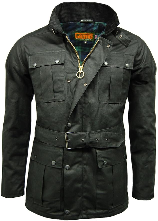 Game Technical Apparel Mens Continental Belted Biker Wax Jacket with