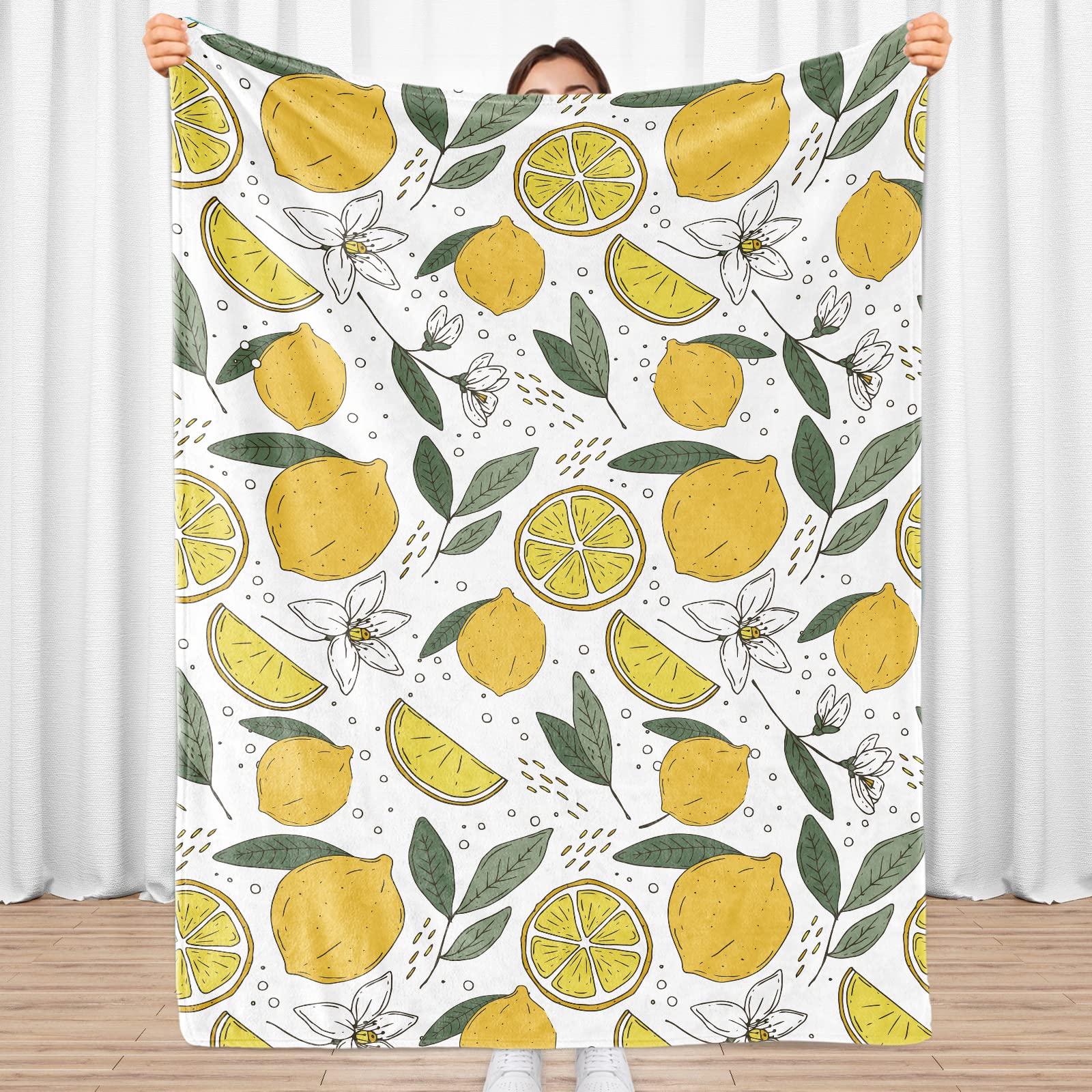 Sowide Lemon Blanket, Yellow Throw Blanket for Fruit Lovers, Soft Lightweight Flowers Flannel Cozy Fleece Blankets Gifts Kids, Boys, Girls, Women, Couch, Bed, Living Room, 130x152cm