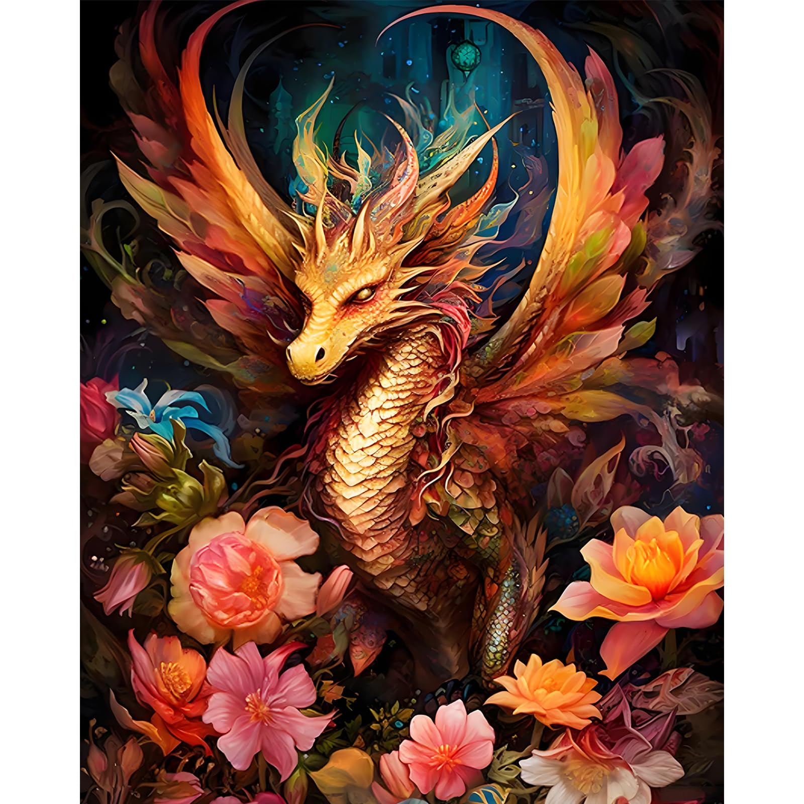 Cytheron Paint by Numbers for Adults, Dragon Adult Paint by Number Canvas Kits Without Frame, Flowers DIY Acrylic Painting by Numbers Kit for Gift Home Wall Decor 16 x 20 Inch