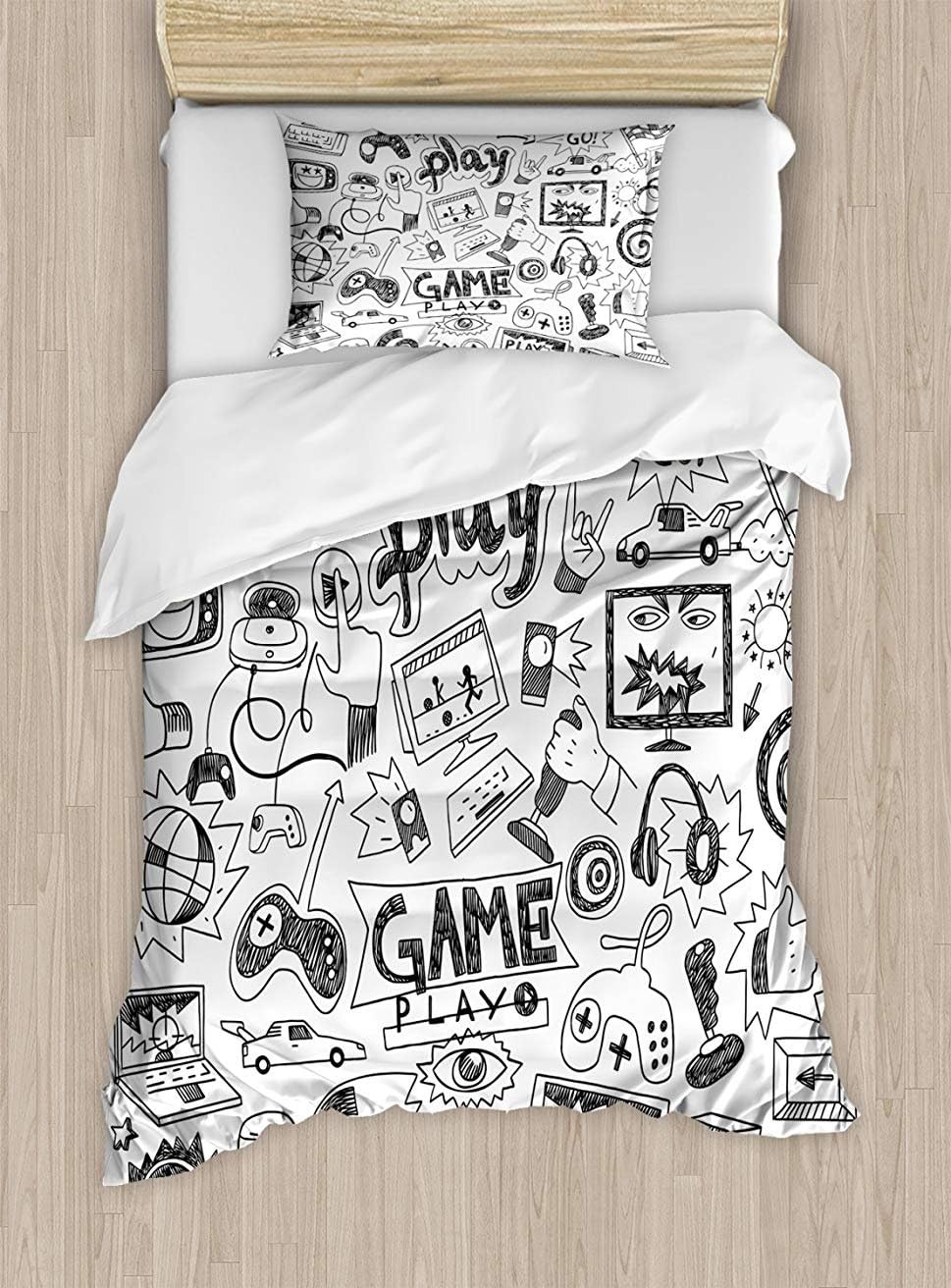 LAMANDA Full Size Video Games Luxury Soft Duvet Cover Set, Monochrome Sketch Style Gaming Design Racing Monitor Device Gadget Teen 90's, Decorative 4 Pieces Bedding Sets, Black White