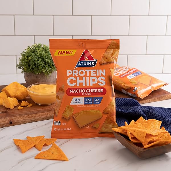 ATKINS NACHO CHEESE PROTEIN CHIPS, 4G NET CARBS, 13G PROTEIN, GLUTEN FREE, LOW GLYCEMIC, KETO FRIENDLY, 12 COUNT