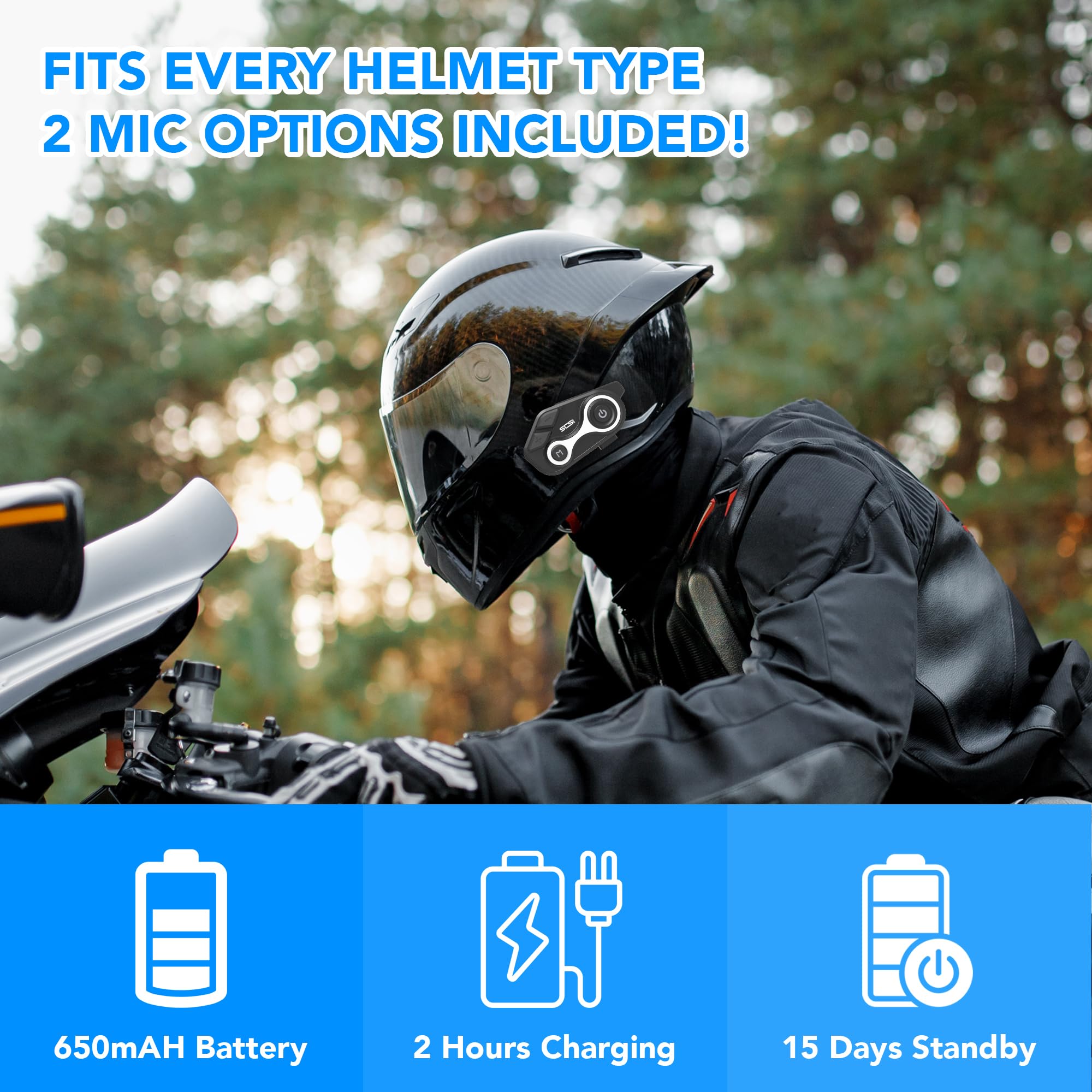 Motorcycle Bluetooth Intercom Helmet Headset with Music Sharing, Earphones for 2 Riders up to 1000M Communication, Waterproof IP67 with Handsfree, Stereo Music, GPS & 2 Mic Options, 1 Pac