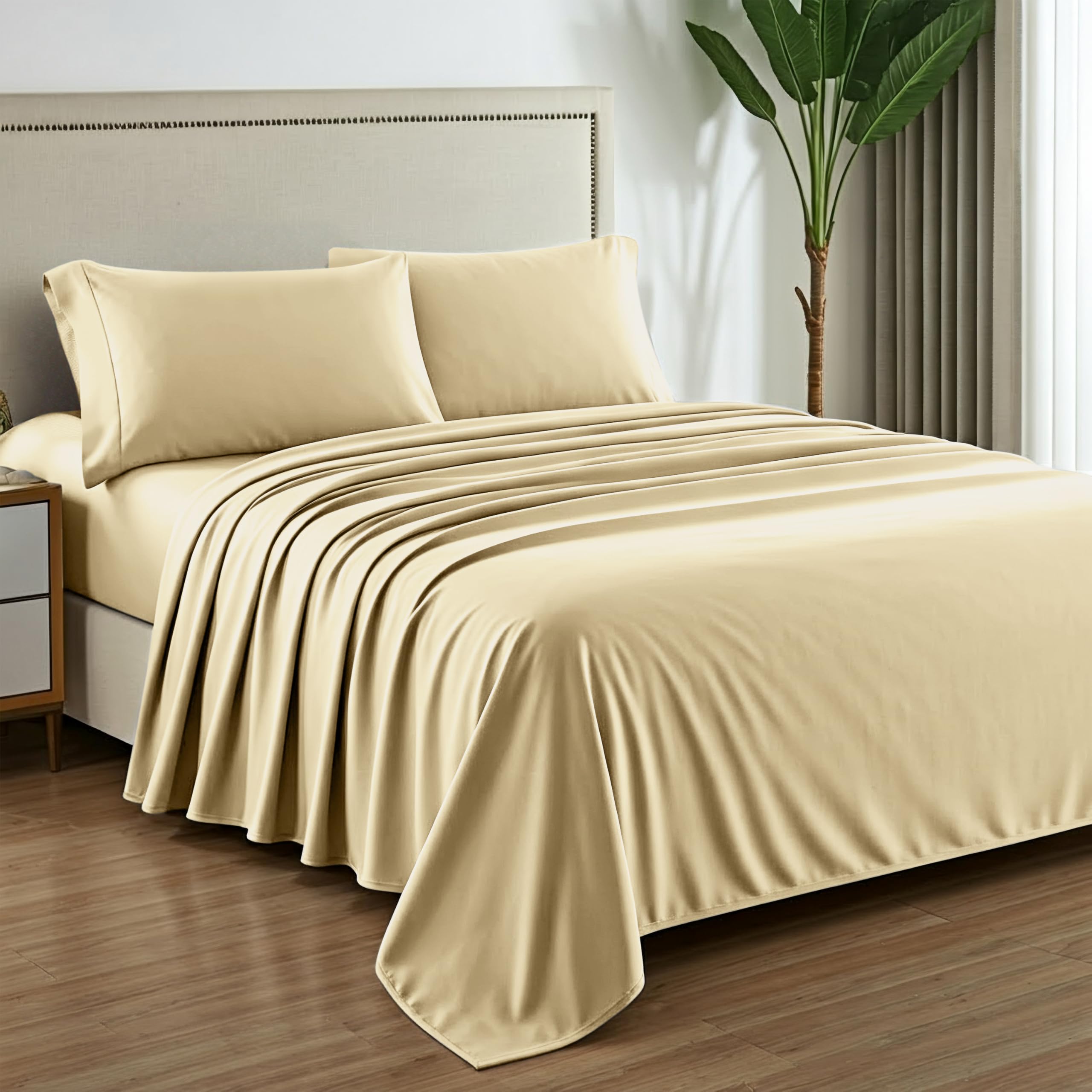 Photo 1 of Mayfair Linen 100% Egyptian Cotton Sheets Set Queen - 1000 High Thread Count, Luxury 5-Star Hotel 4 Piece Sateen Bed Sheets Queen Size, Soft, Breathable Extra Long Staple 16" Deep Pocket Sheets - Sand