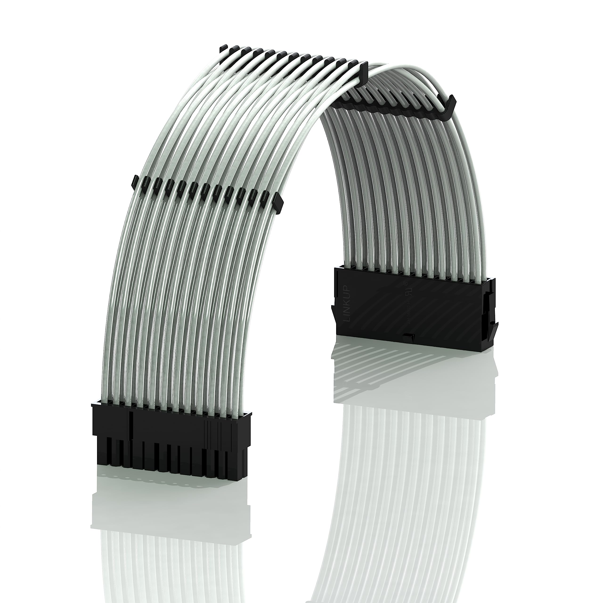LINKUP - 30cm 24 Pin (20+4) Motherboard PSU Cable Extension 18AWG Oxygen Free Copper (OFC) Teflon Jacket Custom Mod PC w/Combs | Single Pack | 300mm - Silver