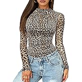 Saslax Women's Mesh Bodysuit - Long Sleeve Sheer Mock Neck Ruched Thong Top, Sexy Club & Date Night Outfit