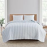 Market & Place Blue Striped Quilt Set King Size | Ultra Soft Lightweight Microfiber Bedspread | 3 Piece Reversible Coverlet Set for All Seasons | Avery Collection (King, Light Blue)