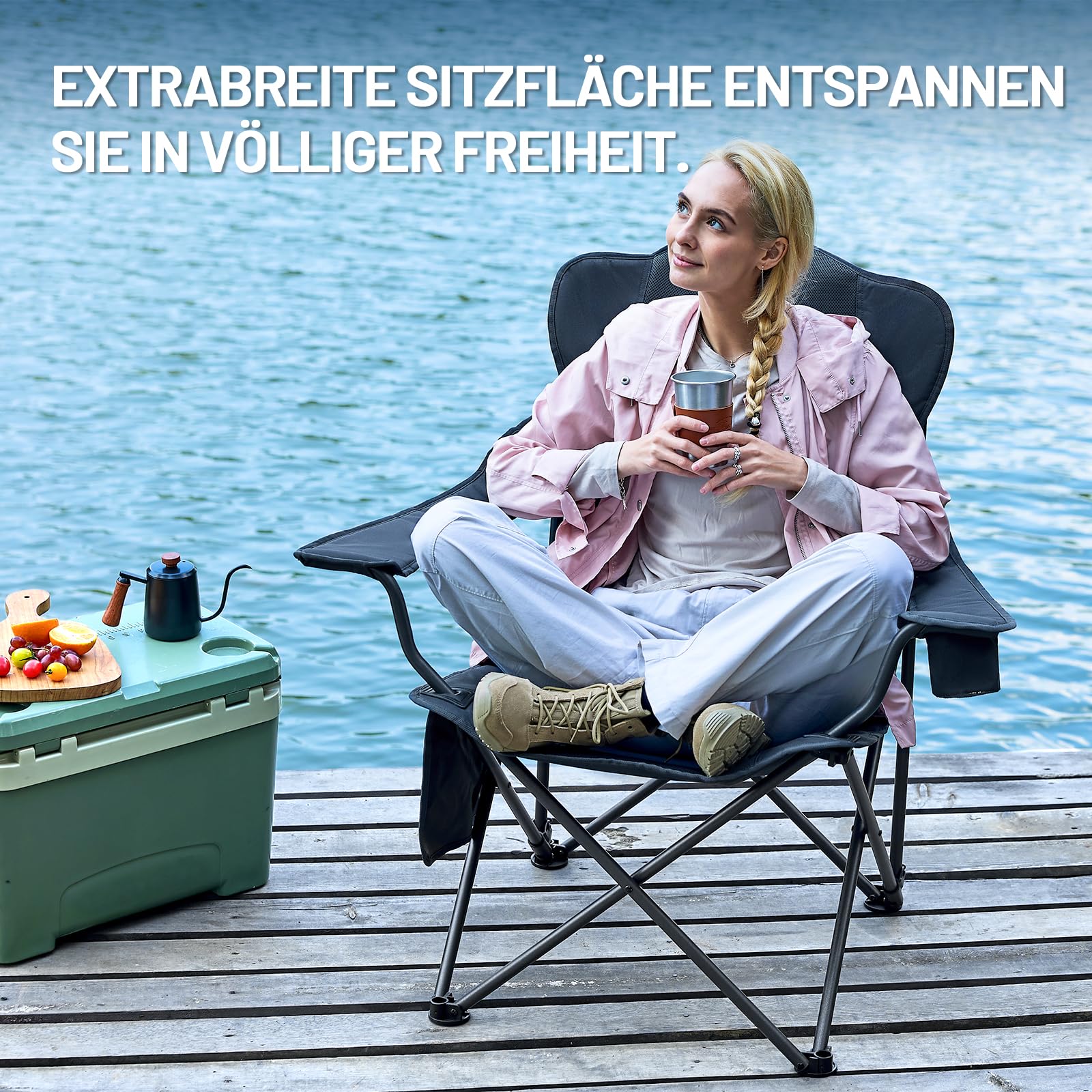 TIMBER RIDGE Campingstuhl Faltbar 180KG Rückenverstellbar in 3 Positionen Klappstuhl Gepolsterter Angelstuhl Übergroß Sitzbreite 62cm mit Seitentasche Getränkehalter 8