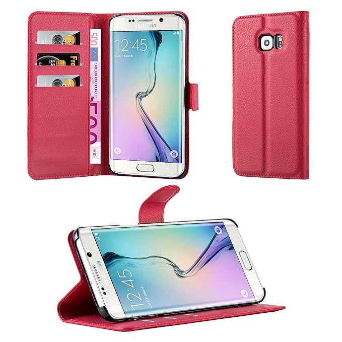 Cadorabo Hülle kompatibel mit Samsung Galaxy S6 Edge Plus Hülle in Karmin ROT Handyhülle mit Kartenfach und Standfunktion Sch