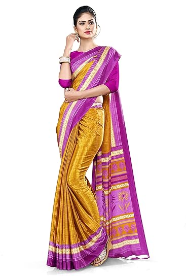 Uniform Sarees Corp Womens Italian Silk Crepe Workers Uniform Saree With Blouse (Yellow;Lavender)