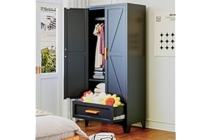 COFAR 71 Farmhouse Metal Wardrobe Closet with Hanging Rod, 2 Barn Doors, Adjustable Shelves, Steel Armoire with Drawer for Home, Bedroom Black