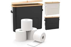 Thalomely Toilet Paper Storage Basket, Waterproof Toilet Paper Basket with Bamboo Lid and Handle, Collapsible Storage Organizer with Footbase for Bathroom, Toilet Paper Holder with Storage, Black