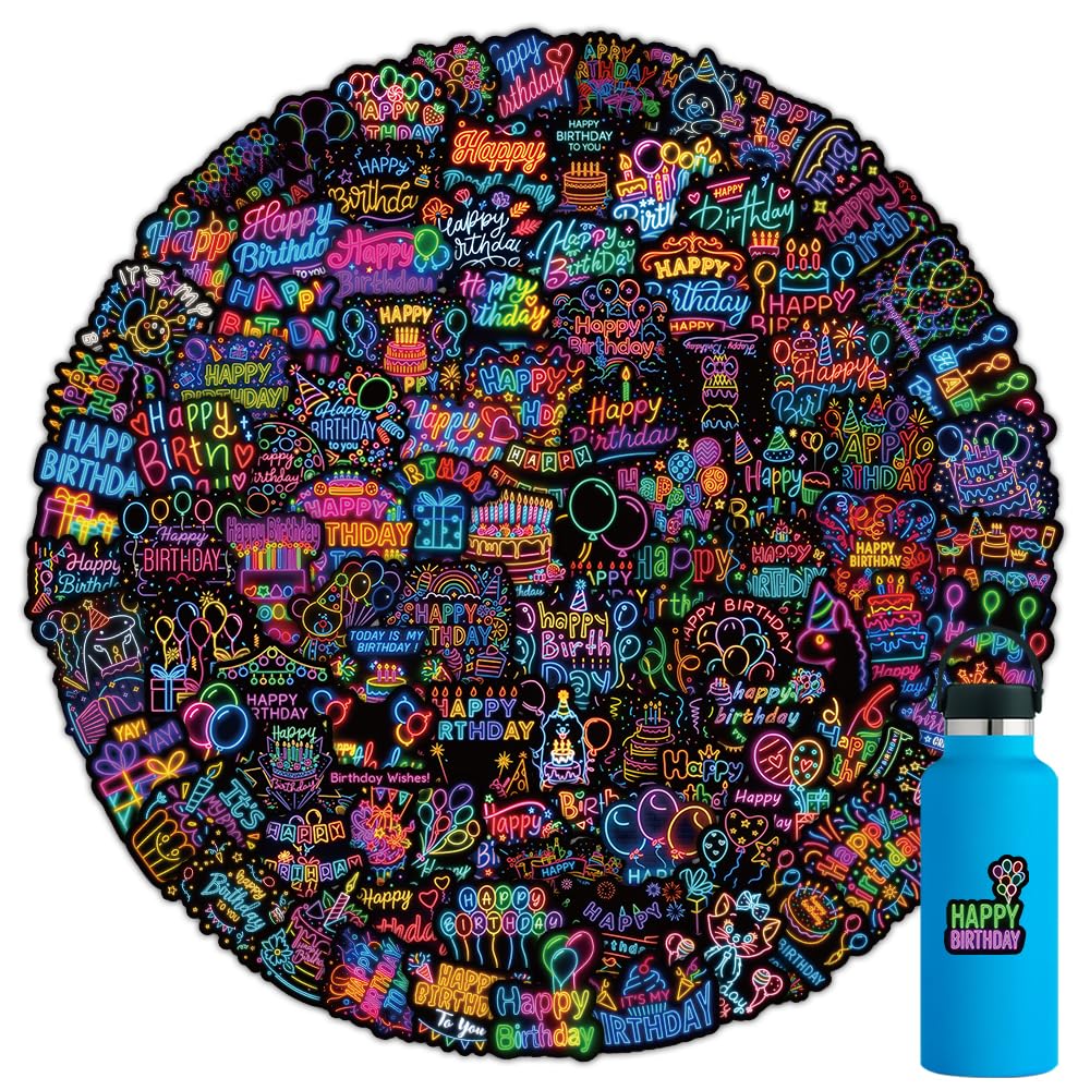 Photo 1 of 100pcs Happy Birthday Stickers Vinyl Cartoon Neon Birthday Stickers Waterproof Party Decals for Water Bottle?Laptop?Computer?Phone Case?Car?Guitar?Bumper?Skateboard?Gifts for Kids