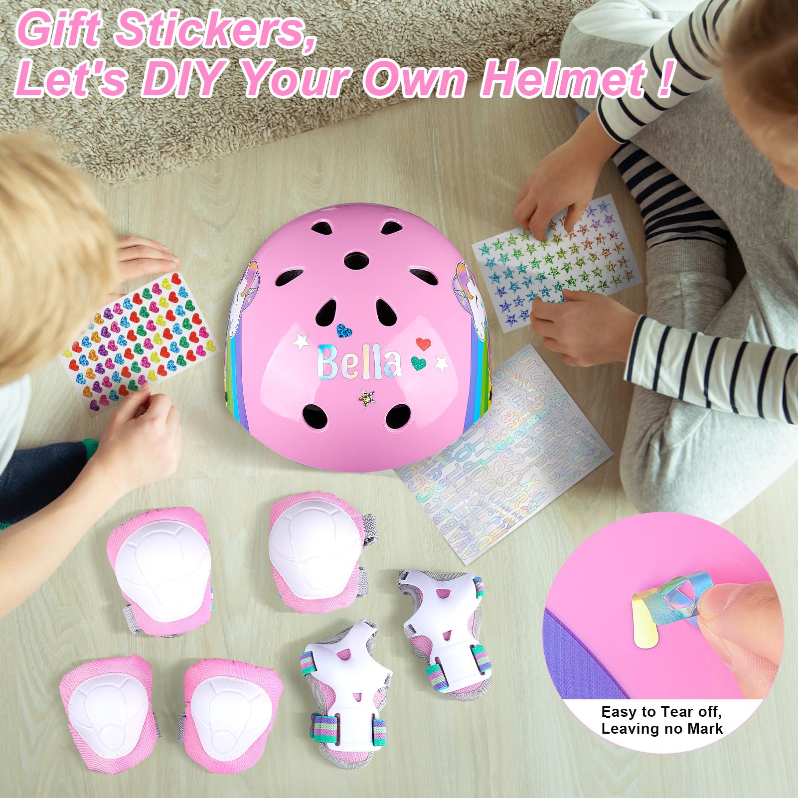 Kids Bike Helmet, Kids Helmets Ages 5-8 with DIY Stickers Kids Knee Pads and Elbow Pads Set Unicorn Toddler Helmets Adjustable Girls Helmet for Age 3-5-8 fit Skateboarding, Roller Skates, Scooter