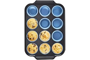 BRONYPRO Silicone Muffin Pan with Metal Frame, Egg Bite Maker Silicone Molds for Baking, Cupcake Pans 12 Regular Size, Muffin Tins Easy to Pop Nonstick Non Toxic Bakeware for Oven,Blue
