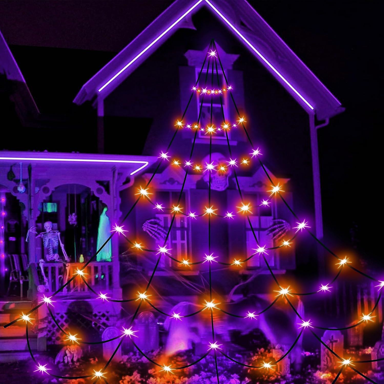 Outdoor Holiday Decorations - Yumhum 250 LED Orange and Purple Halloween Spider Web Lights Outdoor Decorations, 19.7FTx13.1FT Plug in 8 Twinkle Modes Light Up Spider Web Decorations for Yard Home Decor Halloween Decorations