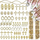 3D Cross Nail Charms,Gold Flat Back Nail Pearls Beads for Crafting,Cute Nail Charms Y2k Rhinestones Jewelry for Nail Art Flower Virgin Mary Religious Charms Gems Bulk Nail Chains (Gold)