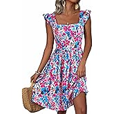 Loemes Summer Casual Cute Floral Flowy Square Neck Sundressses with Pocket Beach Dress for Women