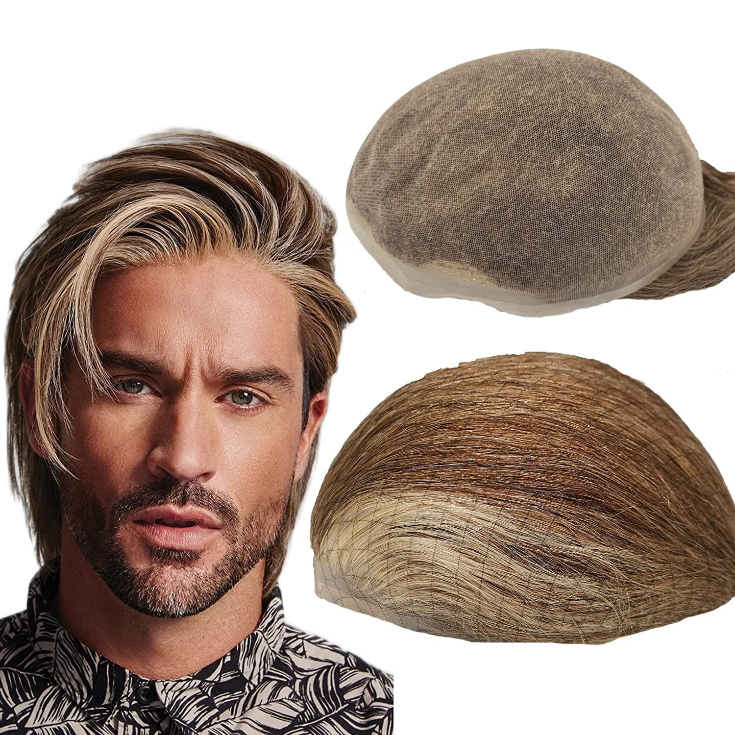 NLW Full Lace Hair Piece for Men Human Hair Replacement System European Straight Human Hair Swiss Lace Hair Units French Lace Toupee Size10x8" (#4/27/613 Blonde)