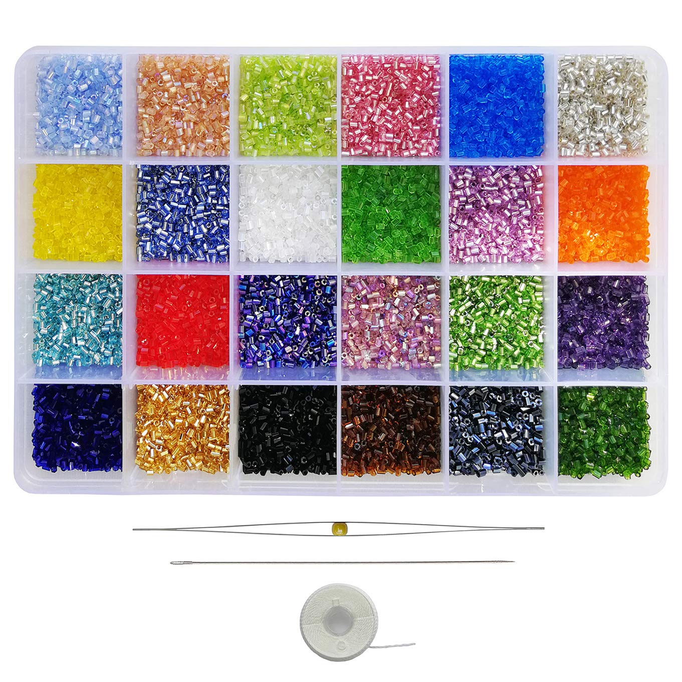 BALABEAD Glass Bugle Seed Beads with Beading Needles About 21600pcs in Box,24 Multicolor Assortment Size 11/0 Craft Seed Beads for Jewelry Making, Hexagon 2 X 2.2mm(900pcs/Color, 24 Colors)